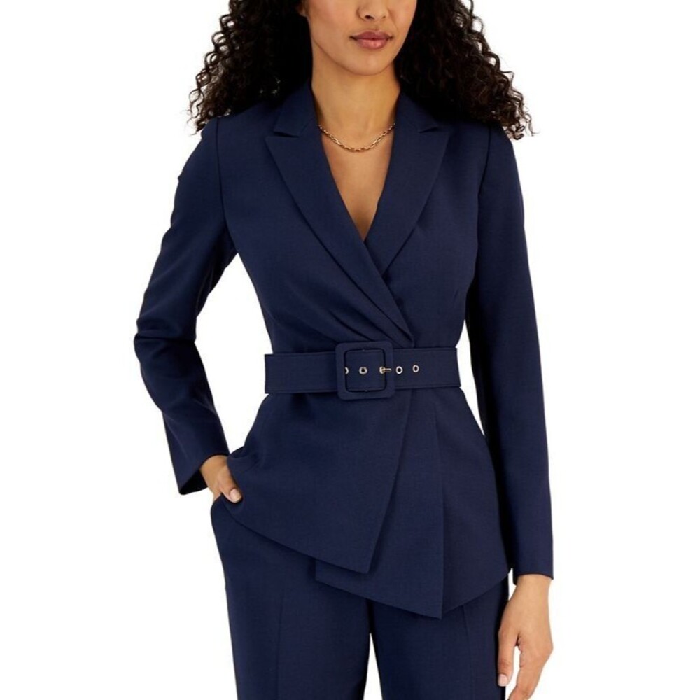 Tahari ASL Women's Belted Pantsuit 2 Pieces Set Midnight Navy Blue Size 16